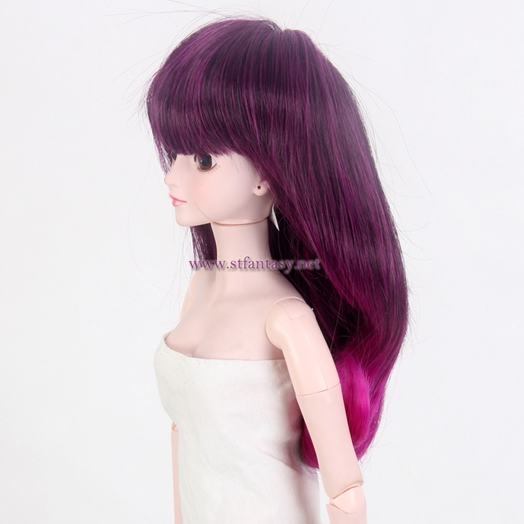 Purple Red Ombre Color Lady’s Fashionable Long Silky Straight Wave Flame Resistant Synthetic Hair Doll Wig With Cute Bang