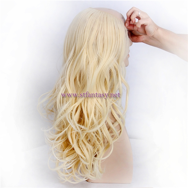 2017 New Design U Part Blonde Wavy High Quality Invisible Synthetic Half Wig From China For White Women