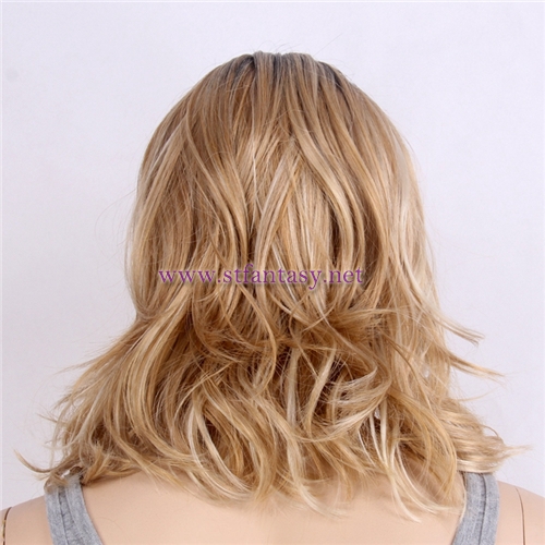 Wholesale Wigs From China Rooted Blonde Super Wave Medium Long Real Looking Quality Synthetic Women Wig With Bang