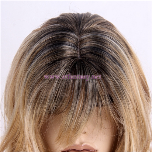Wholesale Wigs From China Rooted Blonde Super Wave Medium Long Real Looking Quality Synthetic Women Wig With Bang