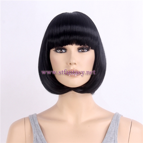 Wholesale Synthetic Hair Natural Black Short Bob 120g Thick Bang Wig For Women Hallowmas