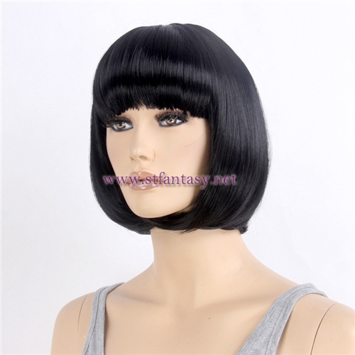 Wholesale Synthetic Hair Natural Black Short Bob 120g Thick Bang Wig For Women Hallowmas