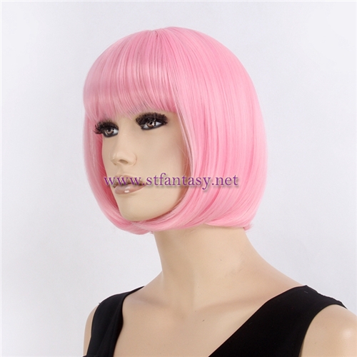 Wholesale Wigs In California Short 12inch Pink Color Cosplay Party Synthetic Bob Women Wig With Bang
