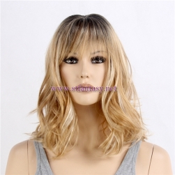 Wholesale Wigs From China Rooted Blonde Super Wave Medium Long Real Looking Quality Synthetic Women Wig With Bang