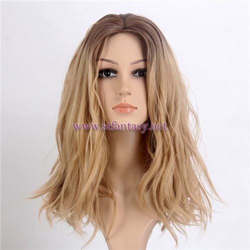Cheap Chinese Wigs For Sale Dark Brown Roots Blonde Hair Good Quality Flame Resistant Synthetic Hair Middle Wigs For Women