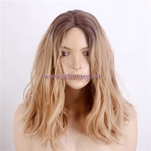 Cheap Chinese Wigs For Sale Dark Brown Roots Blonde Hair Good Quality Flame Resistant Synthetic Hair Middle Wigs For Women