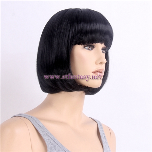 Wholesale Synthetic Hair Natural Black Short Bob 120g Thick Bang Wig For Women Hallowmas