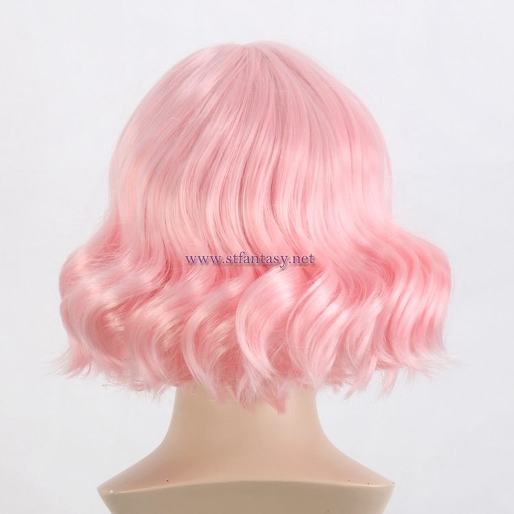 China Wig Factory Wholesale Women Pink Short Curly Wigs With Bangs  For Party