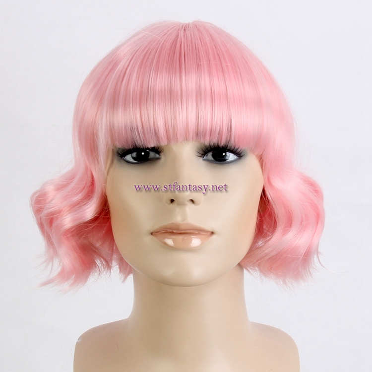 China Wig Factory Wholesale Women Pink Short Curly Wigs With Bangs  For Party