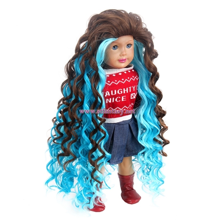 16inch Long Curly Wig Blue Mixed Brown Synthetic Hair Doll Wigs For American Girl Doll