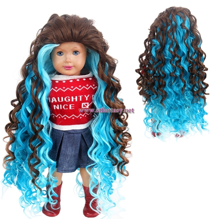 16inch Long Curly Wig Blue Mixed Brown Synthetic Hair Doll Wigs For American Girl Doll