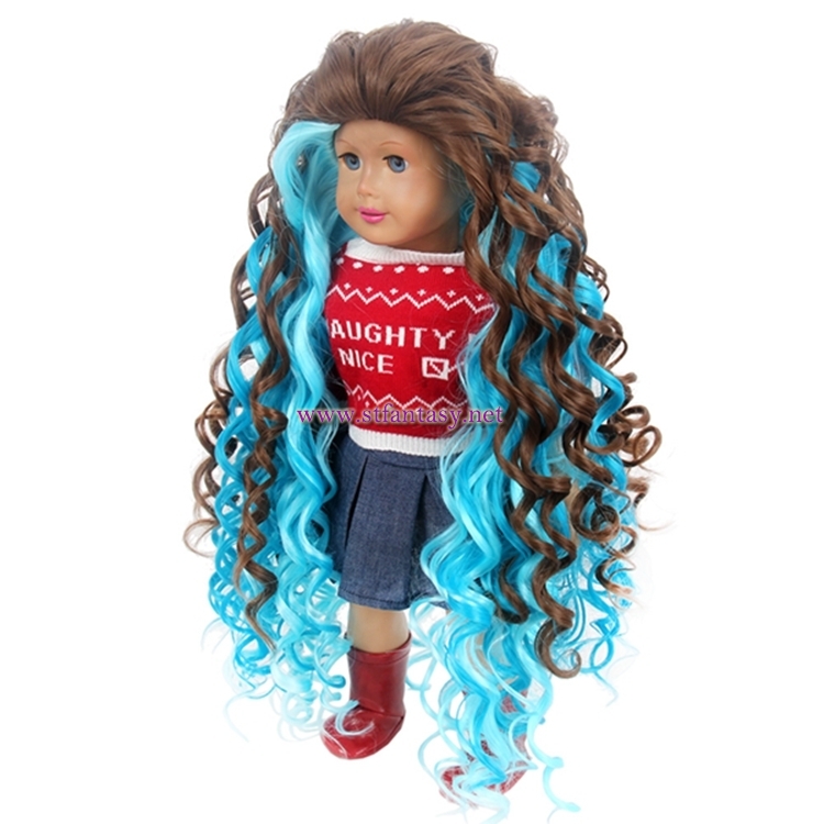 16inch Long Curly Wig Blue Mixed Brown Synthetic Hair Doll Wigs For American Girl Doll