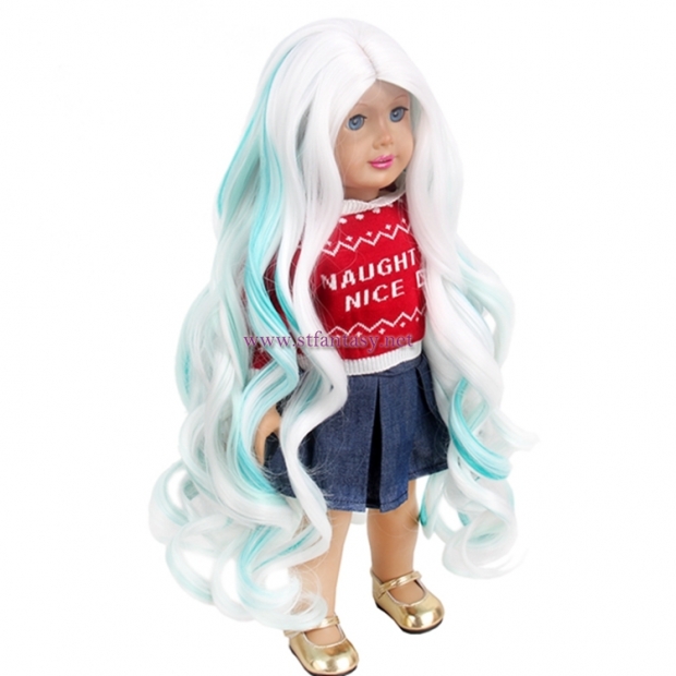 High Quality Synthetic Wigs Doll White Mixed Green Synthetic Hair Long Curly Wig For Doll