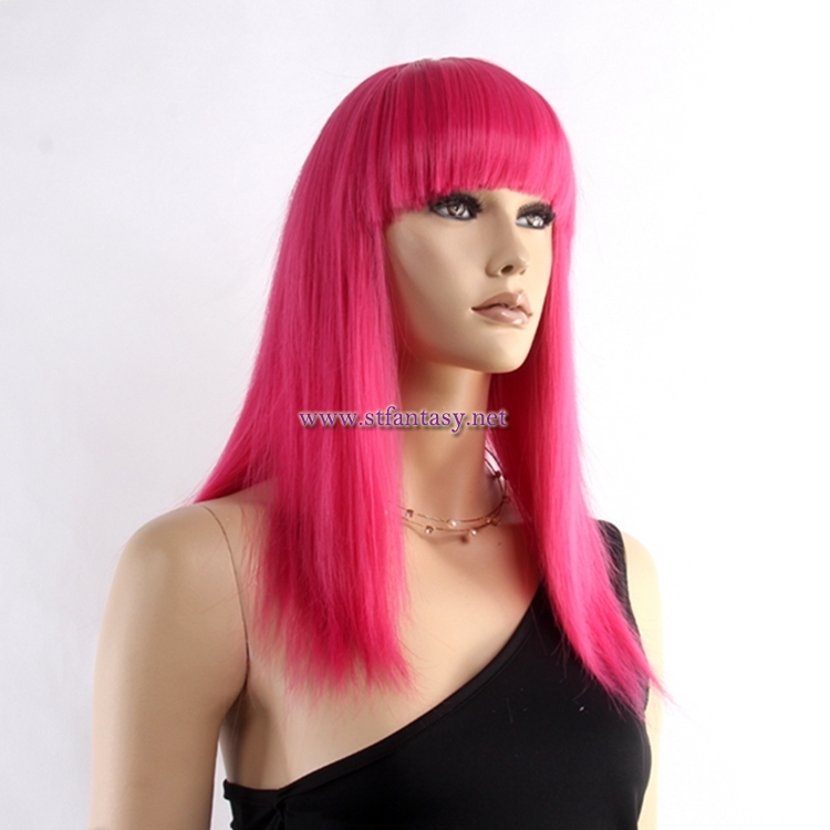 20inch Women Long Straight Pink Wig With Bang Synthetic Hair Party Wig For Christmas
