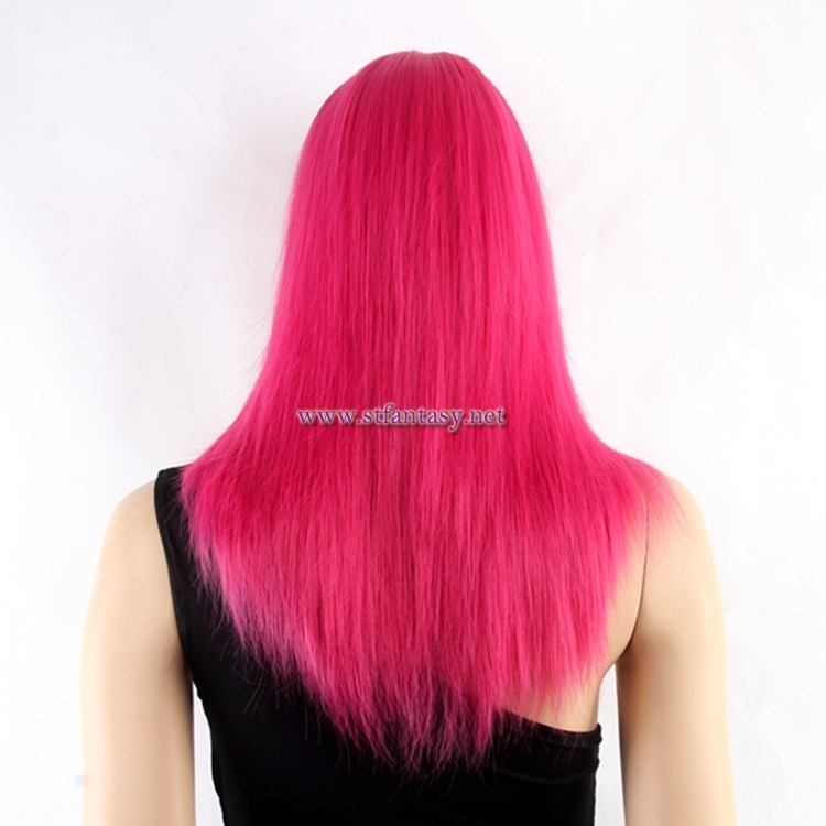 20inch Women Long Straight Pink Wig With Bang Synthetic Hair Party Wig For Christmas