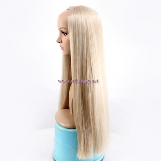 28 Inch Straight Long Blonde Wig Synthetic Hair Half Wig For Women