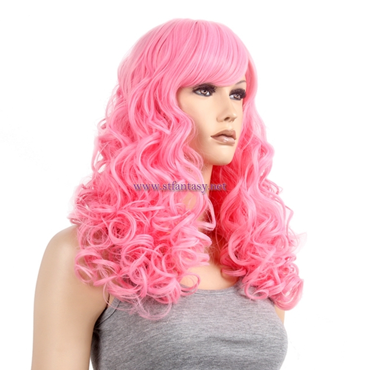 Wholesale Anime Wigs Women Long Curly Pink Synthetic Hair Cosplay Wig For Party