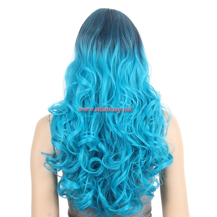 28inch Long Curly Wig Cosplay Blue Synthetic Hair Cheap Wigs With Bangs