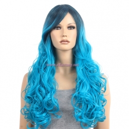 28inch Long Curly Wig Cosplay Blue Synthetic Hair Cheap Wigs With Bangs