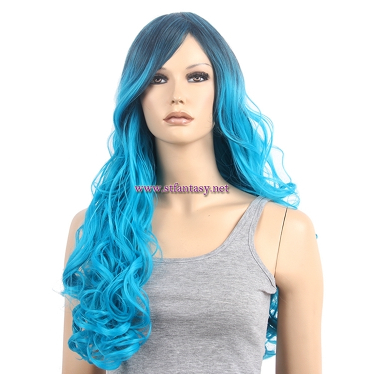 28inch Long Curly Wig Cosplay Blue Synthetic Hair Cheap Wigs With Bangs