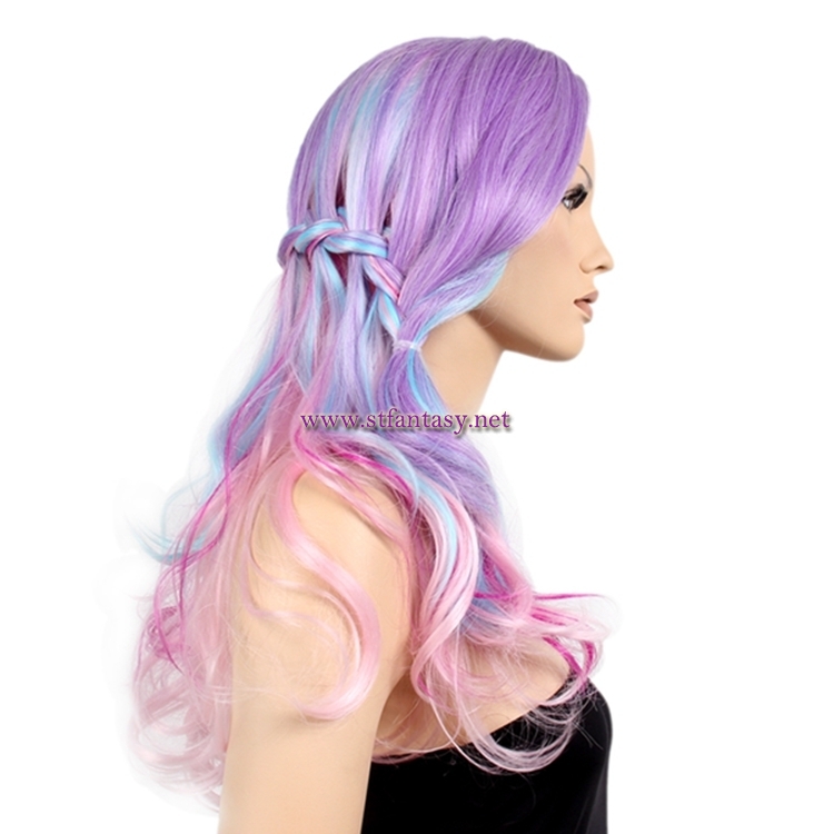 Wholesale Party Wig Purple Mixed Color Long Curly Ombre Braided Wig For Women