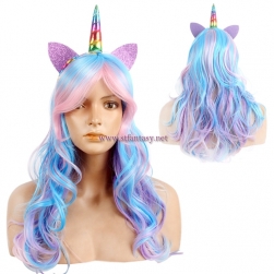 Anime Unicorn Wig Cosplay Synthetic Hair Curly Long Rainbow Wig For Halloween