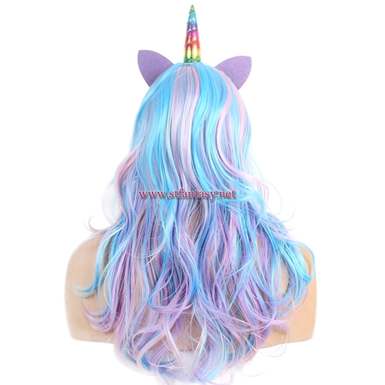 Anime Unicorn Wig Cosplay Synthetic Hair Curly Long Rainbow Wig For Halloween