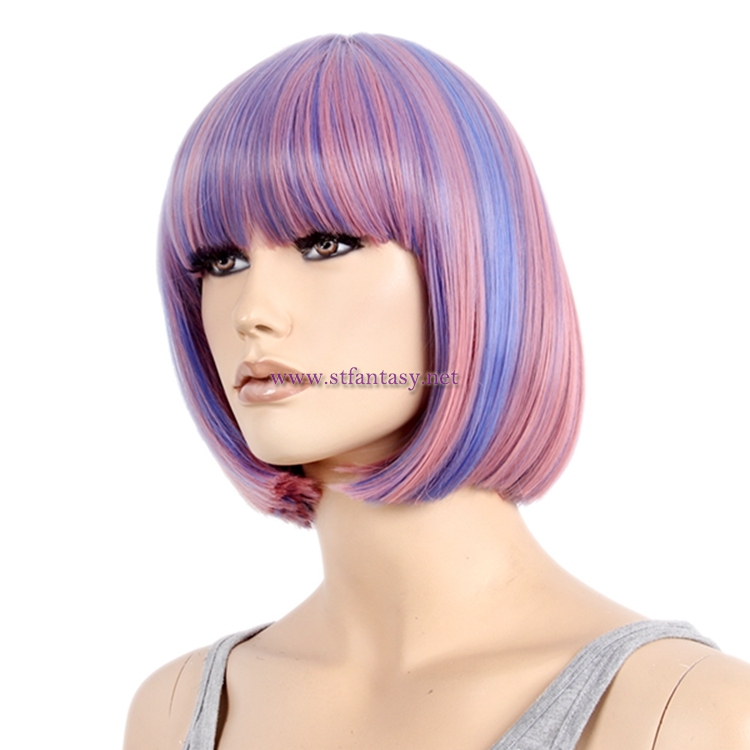 Wholesale Party Wigs Good Quality Rainbow Synthetic Hair Short Straight Wig For Halloween