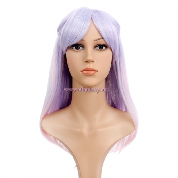 Long Straight Hair Wig With Braids Purple Mixed Pink Synthetic Wig For Cosplay