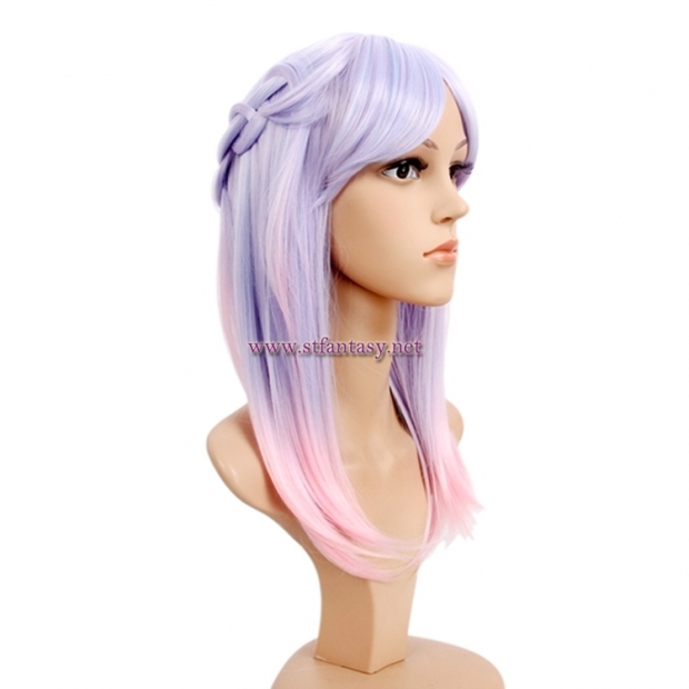 Long Straight Hair Wig With Braids Purple Mixed Pink Synthetic Wig For Cosplay