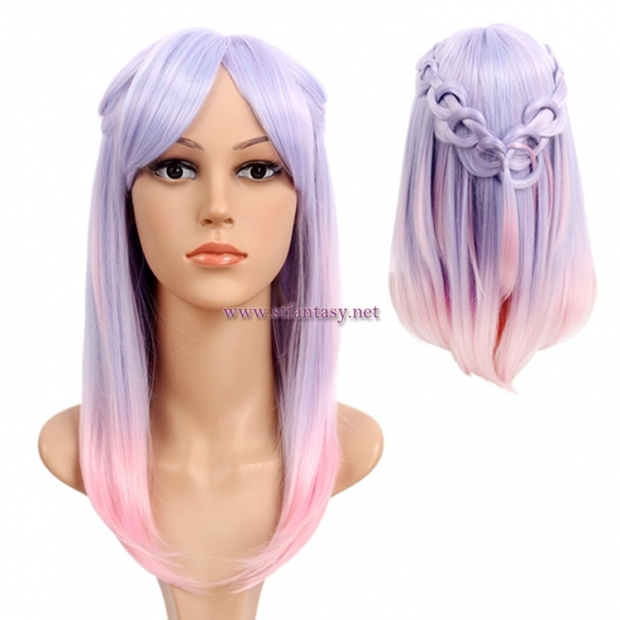 Long Straight Hair Wig With Braids Purple Mixed Pink Synthetic Wig For Cosplay