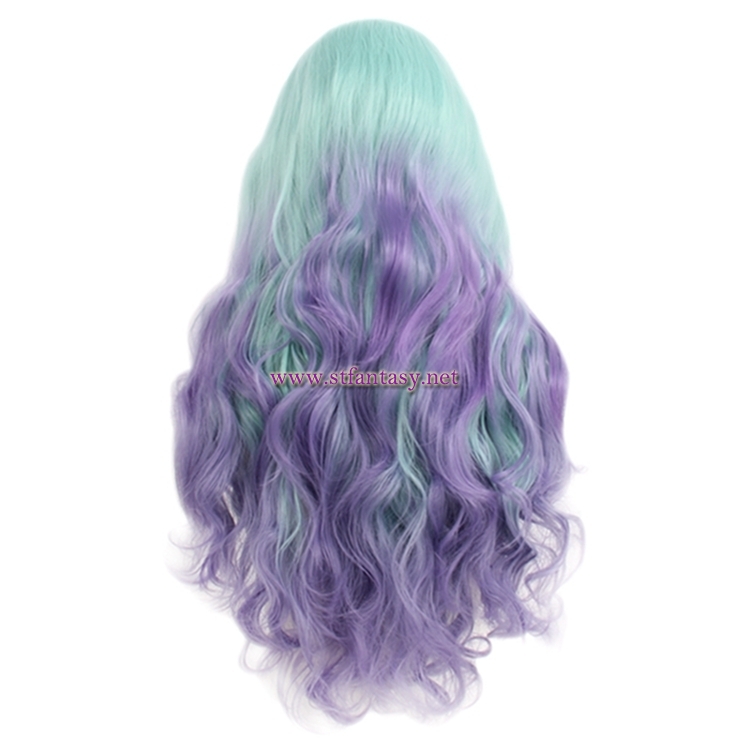 Cheap Synthetic Lace Front Wigs Beautiful Green Mixed Purple Color Long Curly Wig For Women