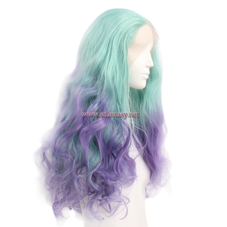 Cheap Synthetic Lace Front Wigs Beautiful Green Mixed Purple Color Long Curly Wig For Women