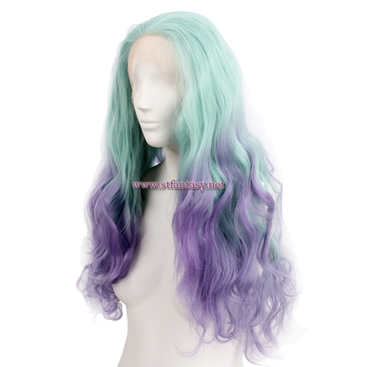 Cheap Synthetic Lace Front Wigs Beautiful Green Mixed Purple Color Long Curly Wig For Women