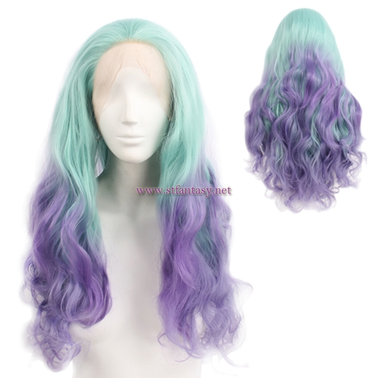 Cheap Synthetic Lace Front Wigs Beautiful Green Mixed Purple Color Long Curly Wig For Women