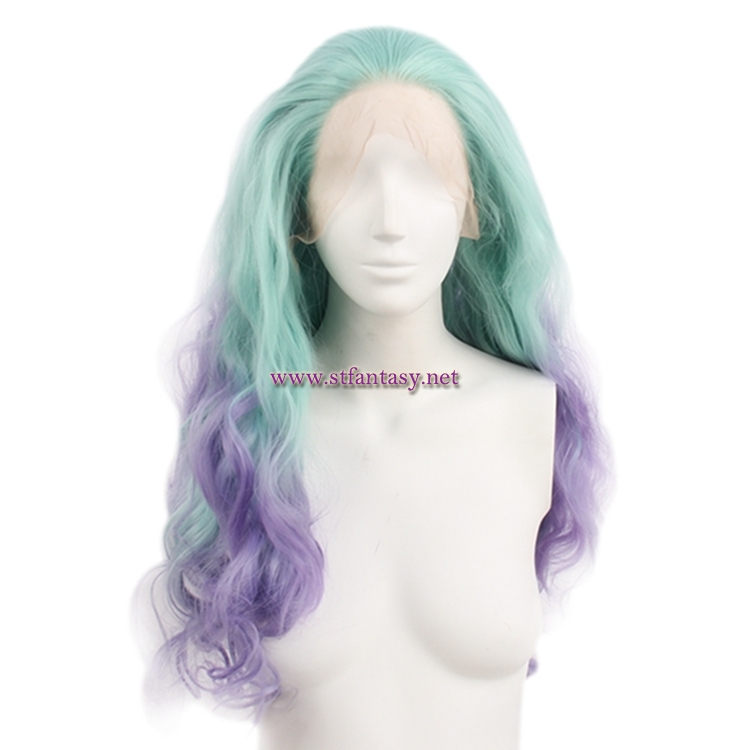 Cheap Synthetic Lace Front Wigs Beautiful Green Mixed Purple Color Long Curly Wig For Women