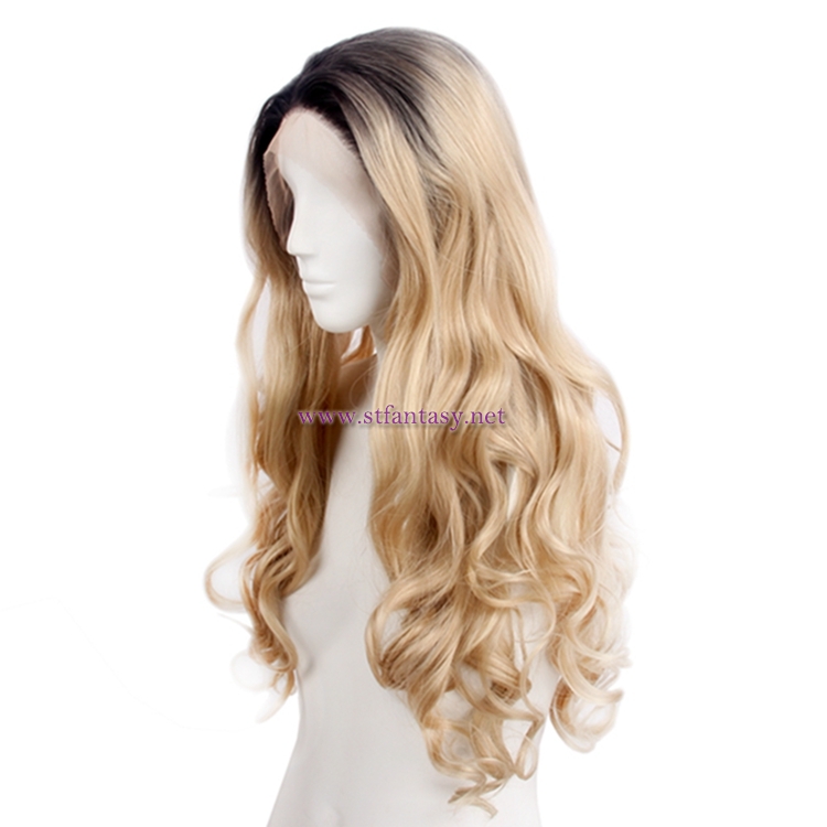 China Manufacturers Wholesale Long Curly Lace Front Wigs Synthetic Blonde Wig With Dark Root