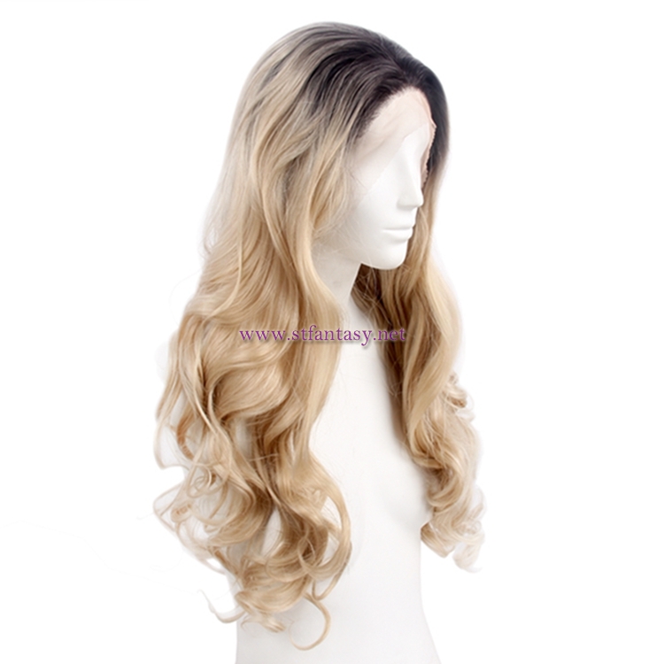 China Manufacturers Wholesale Long Curly Lace Front Wigs Synthetic Blonde Wig With Dark Root