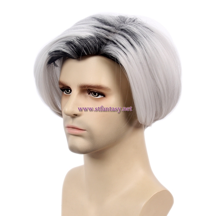 China Wigs For Men Silver Gray Short Straight Synthetic Wig Cosplay