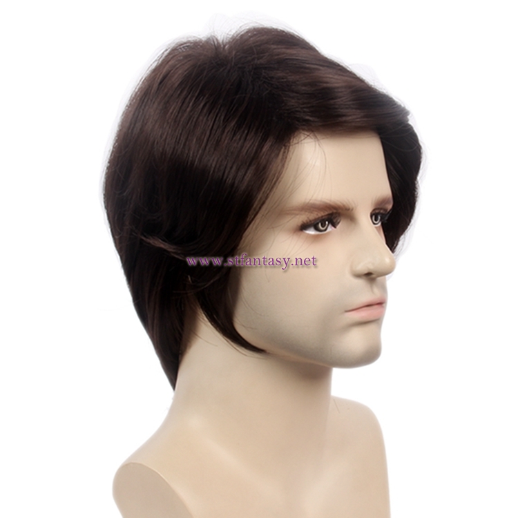 Wholesale Mens Wigs Mid-Length Straight Brown Synthetic Wig For Cheap Sale