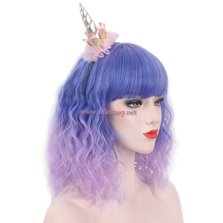 China Party Wig Factory Wholesale Ombre Blue Purple Color Short Curly Wig For Christmas
