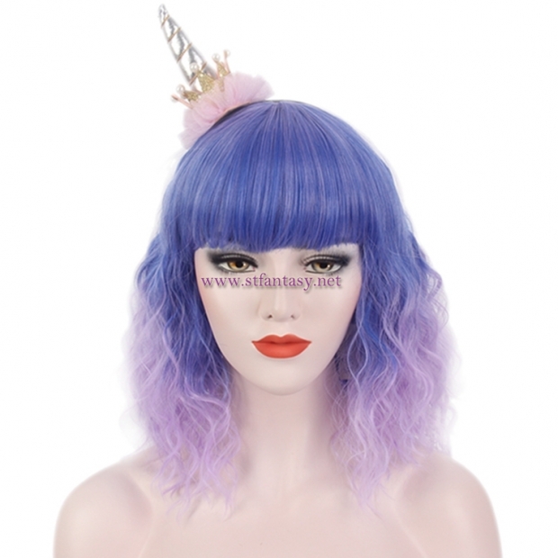 China Party Wig Factory Wholesale Ombre Blue Purple Color Short Curly Wig For Christmas