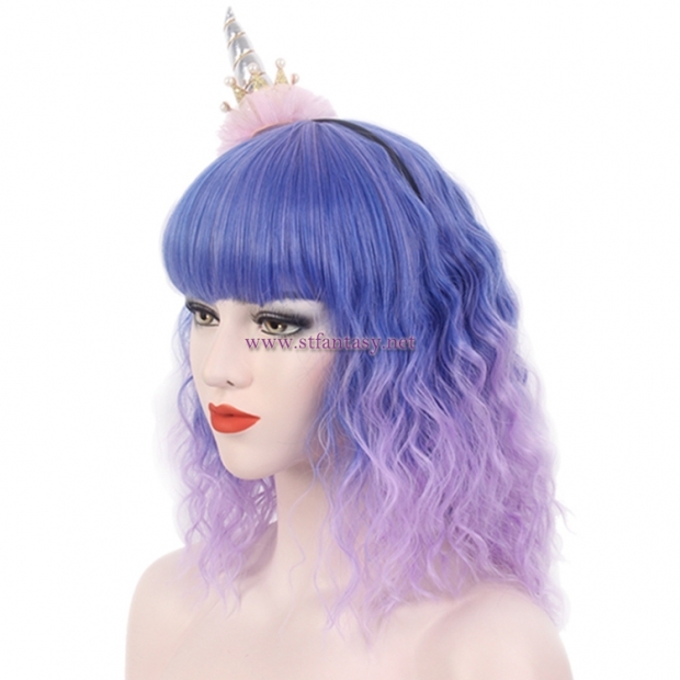 China Party Wig Factory Wholesale Ombre Blue Purple Color Short Curly Wig For Christmas