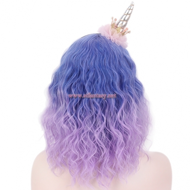 China Party Wig Factory Wholesale Ombre Blue Purple Color Short Curly Wig For Christmas