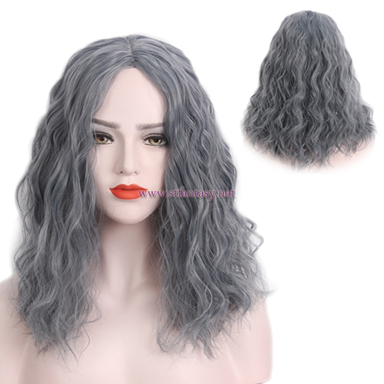 China Synthetic Wigs Manufacturers Fashion Linen Grey Middle-Length Curly Hair Women Wig