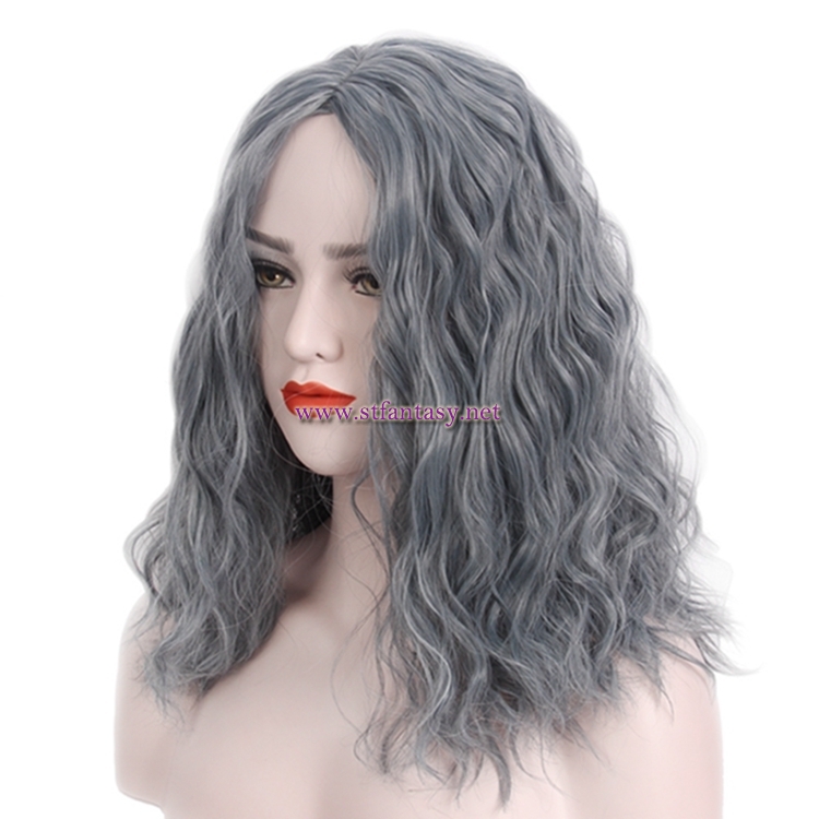China Synthetic Wigs Manufacturers Fashion Linen Grey Middle-Length Curly Hair Women Wig