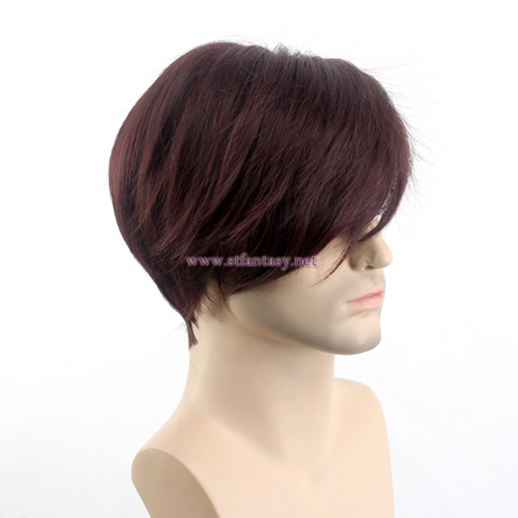China Men Wig Wholesale Good Quality Synthetic Hair Short Straight Burgundy Wig