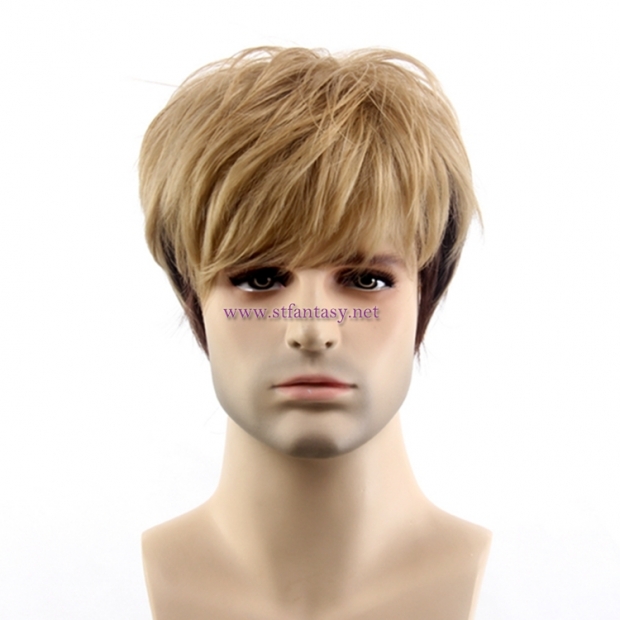 China Wigs For Sale Handsome Blonde Mixed Black Color Synthetic Hair Short Wig For Men