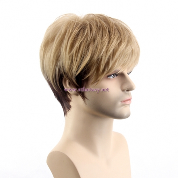 China Wigs For Sale Handsome Blonde Mixed Black Color Synthetic Hair Short Wig For Men