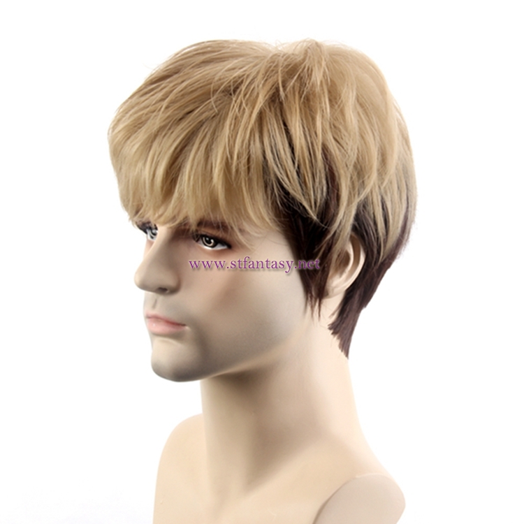 China Wigs For Sale Handsome Blonde Mixed Black Color Synthetic Hair Short Wig For Men